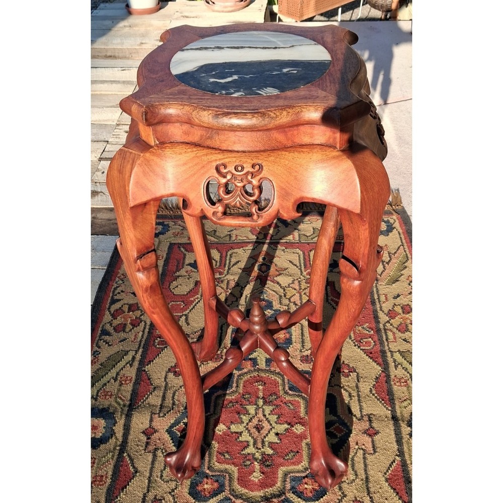 20th-Century Chinese Carved Rosewood Marble Top Tall Stand Table